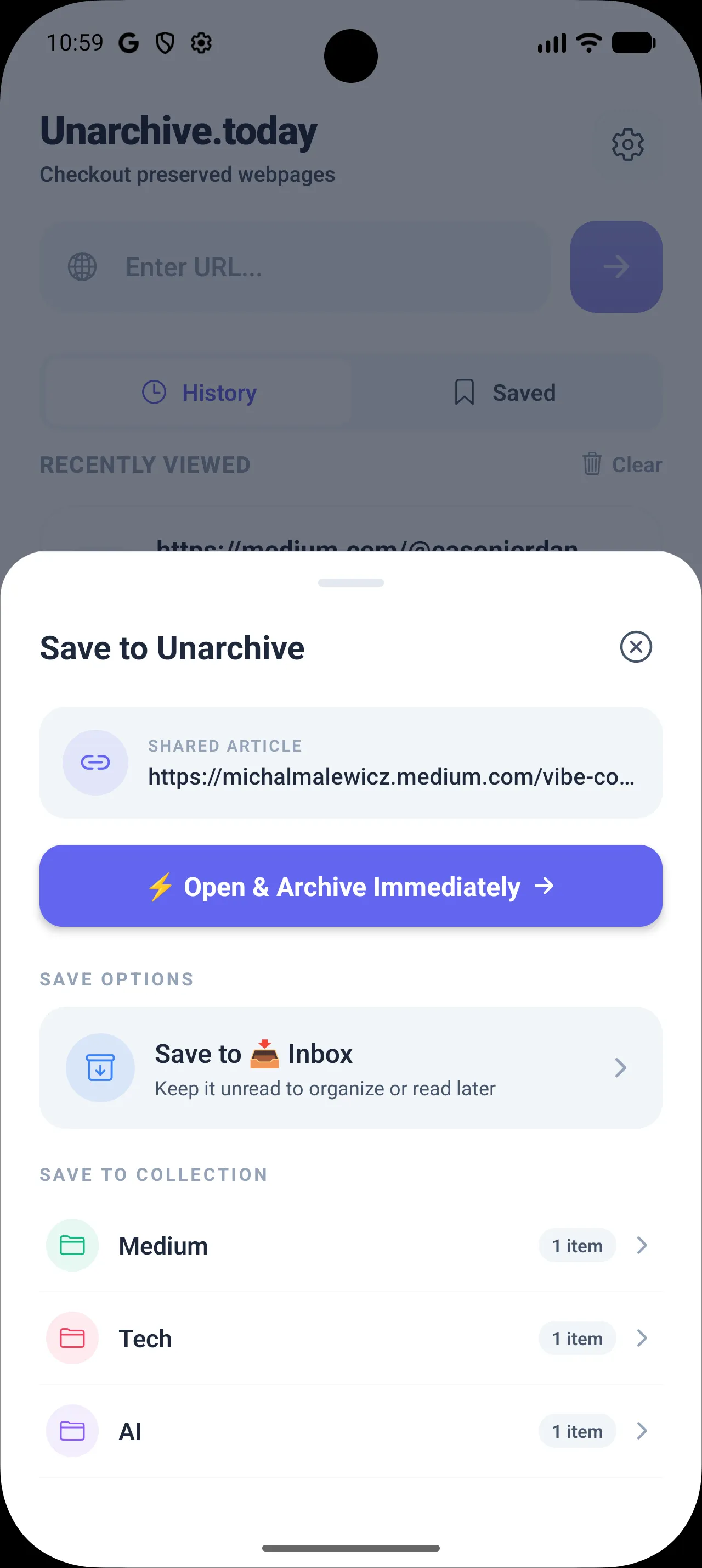 Share Sheet Bottom Intent in Unarchive.today allowing quick saves